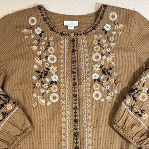 J Jill Womens Brown Blue Button Up Floral Embroidered Blouse Swiss Dot Boho S-SP